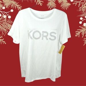 Michael Michael Kors Logo Gold Studded T-Shirt Women's White Pullover Size M